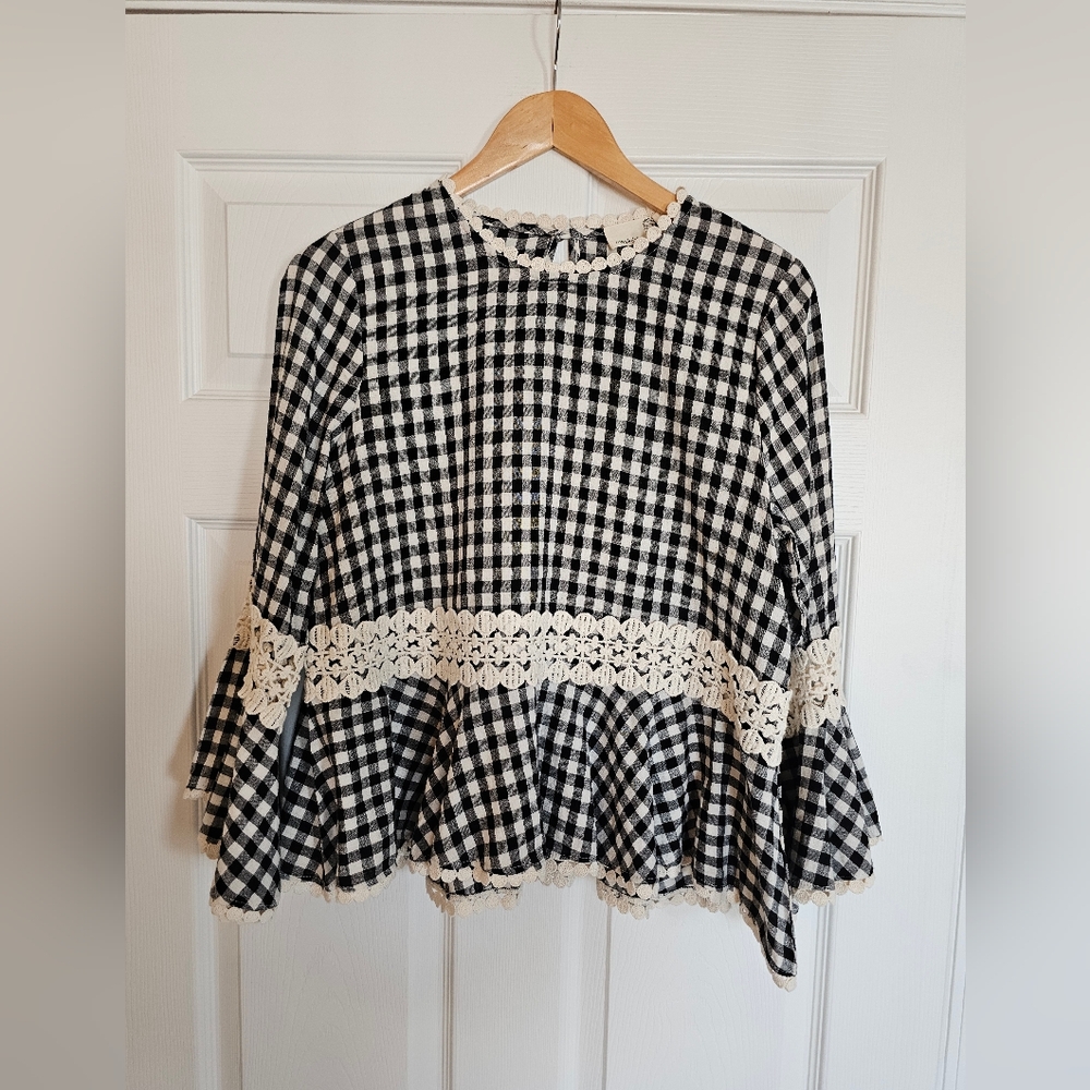 Anthropologie Everleigh Gingham Check Peplum Top Size Small - Picture 2 of 7